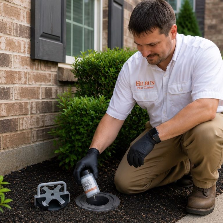 Professional Termite Bait Station Inspection by Hilbun Pest Control Hilbun Pest Control technician inspecting a termite bait station next to a home's foundation during a routine termite monitoring service.