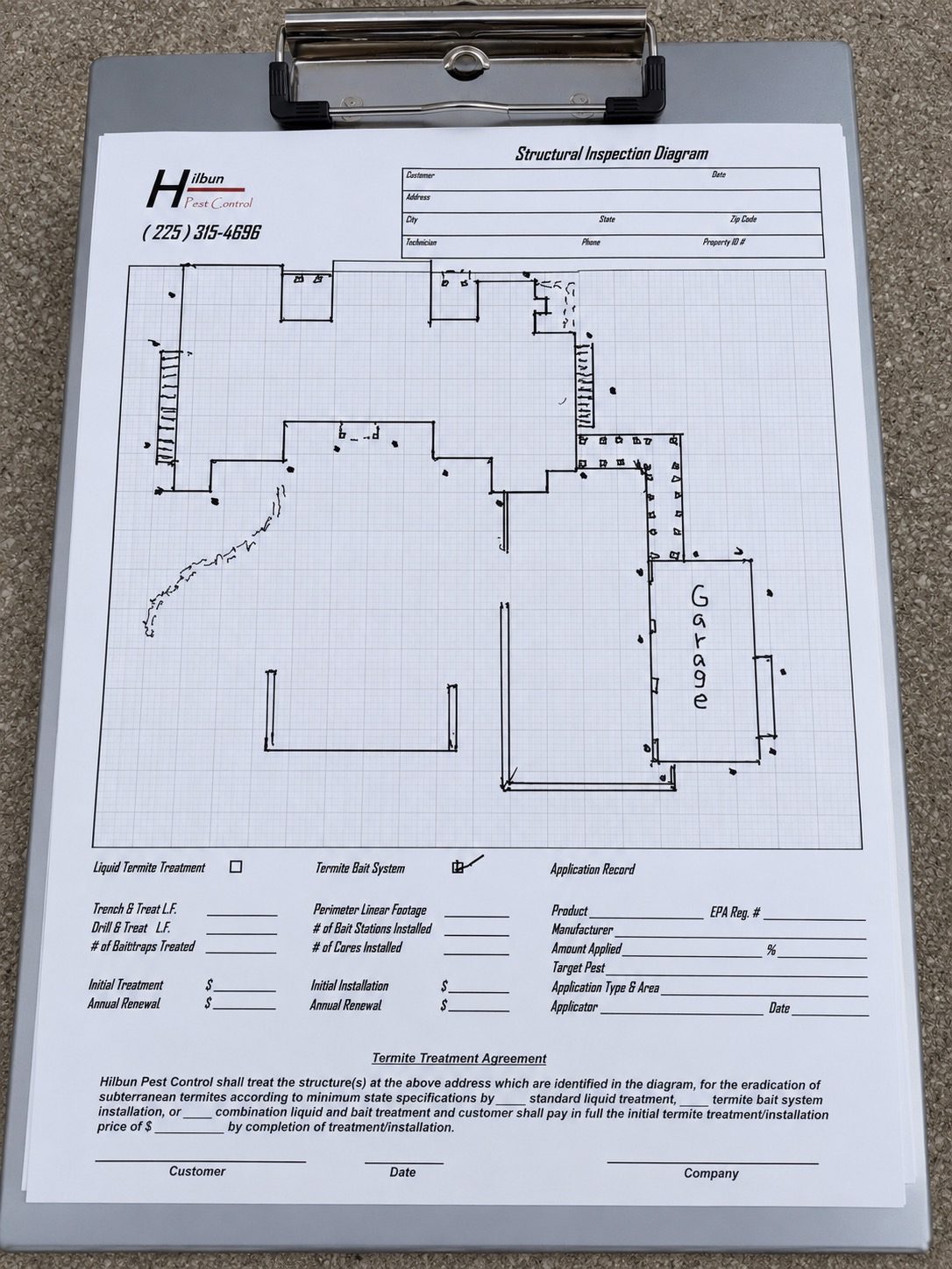 Termite Inspection Report Example | Alabama & Louisiana Termite Inspections Example termite inspection diagram used to evaluate a home's structure for termite activity and treatment recommendations.