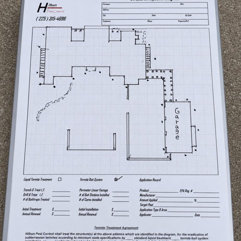 Structural diagram used to plan termite bait station placement around a Fairhope home.