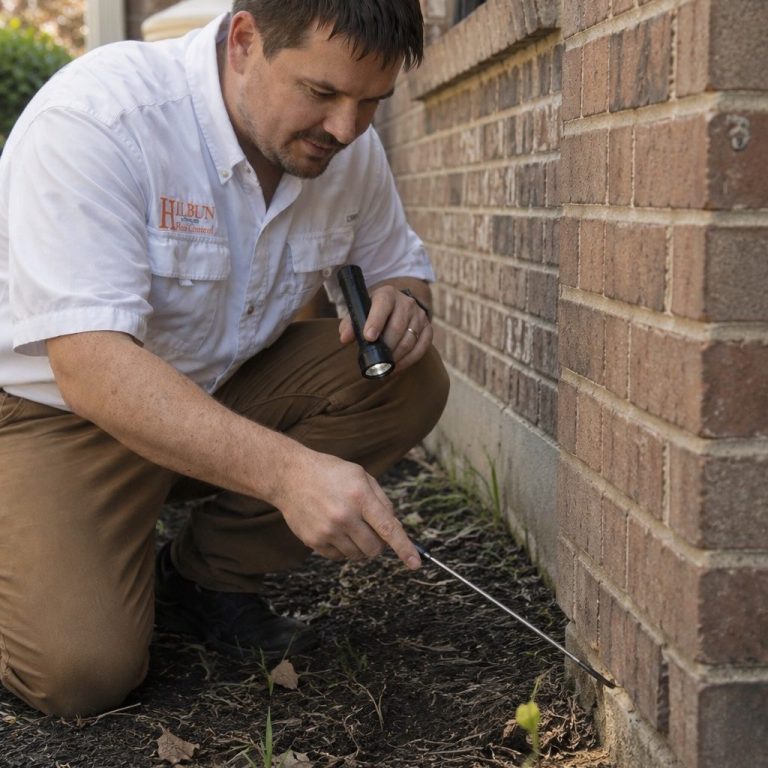 Termite Inspection in Gonzales, Louisiana Hilbun Pest Control technician inspecting soil and the foundation of a home for signs of termite activity.