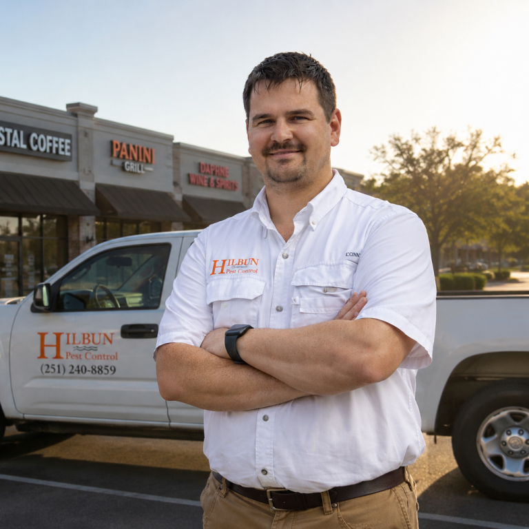 Commercial Pest Control Services in Daphne, Alabama | Hilbun Pest Control Hilbun Pest Control technician standing in a strip mall parking lot while providing commercial pest control services in Daphne, Alabama.