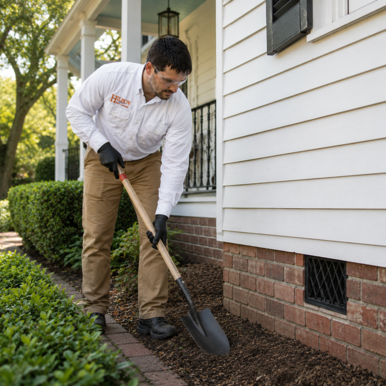 Liquid Termite Treatment Hilbun Pest Control technician trenching along a home’s foundation during a liquid termite treatment.