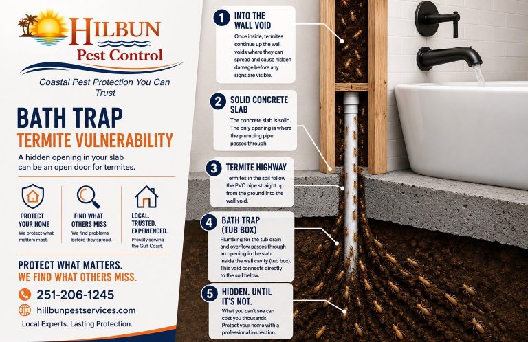 Bath Trap Termite Vulnerability Diagram Bath trap diagram showing how termites follow plumbing penetrations into wall voids