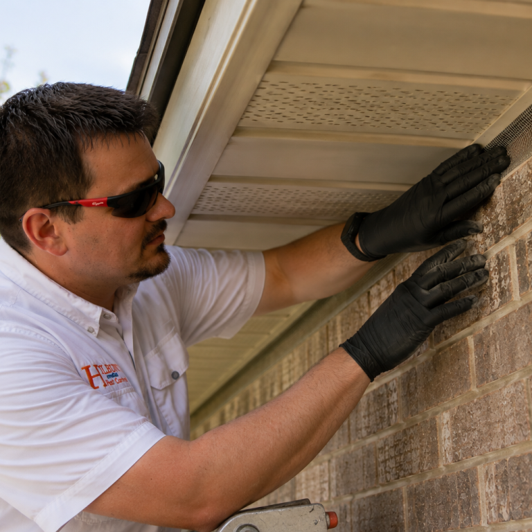 Rodent Exclusion in Baton Rouge, Louisiana Hilbun Pest Control technician sealing a roofline gap beneath a soffit to help prevent rodent entry.