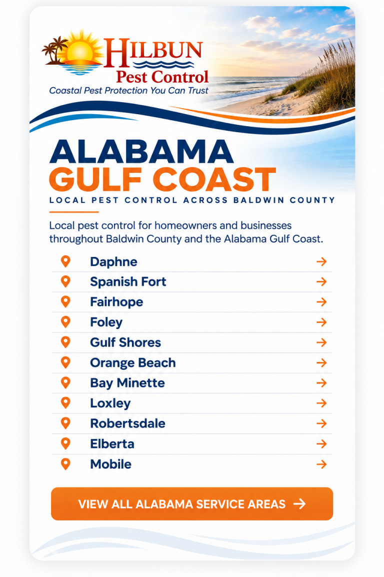 Premium service area card highlighting Alabama Gulf Coast cities served by Hilbun Pest Control in Baldwin County