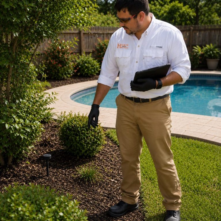 Managing Seasonal Mosquito Activity in Fairhope, Alabama | Hilbun Pest Control Hilbun Pest Control technician inspecting landscape around a Fairhope home to identify mosquito activity and recommend targeted treatment