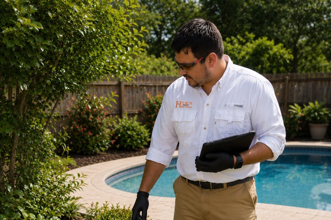 Mosquito Inspection and Habitat Assessment Hilbun Pest Control technician inspecting landscaping and mosquito harborage areas near a backyard swimming pool in Daphne, Alabama