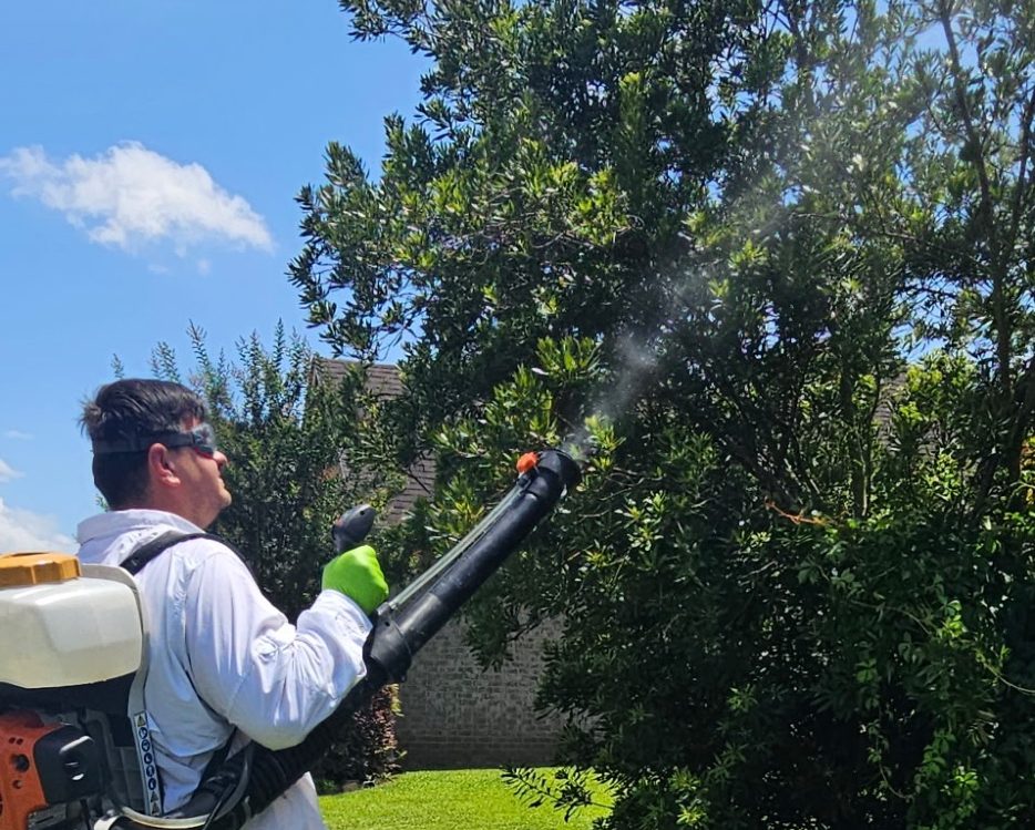 Mosquito Control in Foley AL | Hilbun Pest Control Hilbun Pest Control technician treating shrubs for mosquitoes in Foley, Alabama.