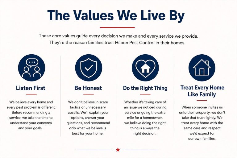 The Values We Live By | Hilbun Pest Control Hilbun Pest Control infographic highlighting our values: listen first, be honest, do the right thing, and treat every home like family.