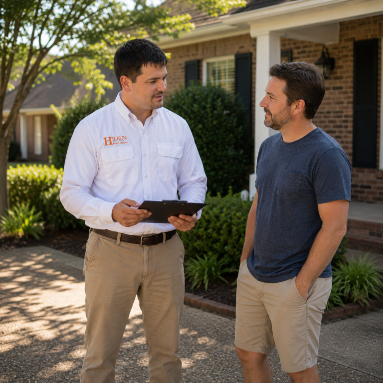 Personal Pest Control Service in Baton Rouge, Louisiana Hilbun Pest Control technician reviewing completed pest control service with a Baton Rouge homeowner.
