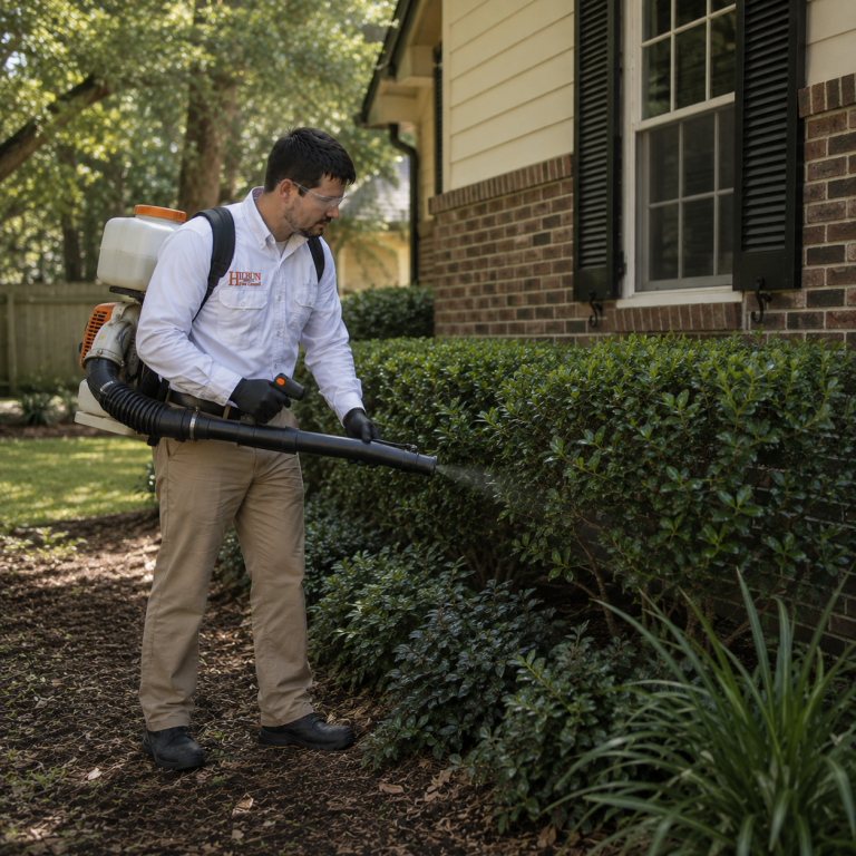 Mosquito Control in Baton Rouge, Louisiana Hilbun Pest Control technician treating shrubs around a Baton Rouge home for mosquito control.
