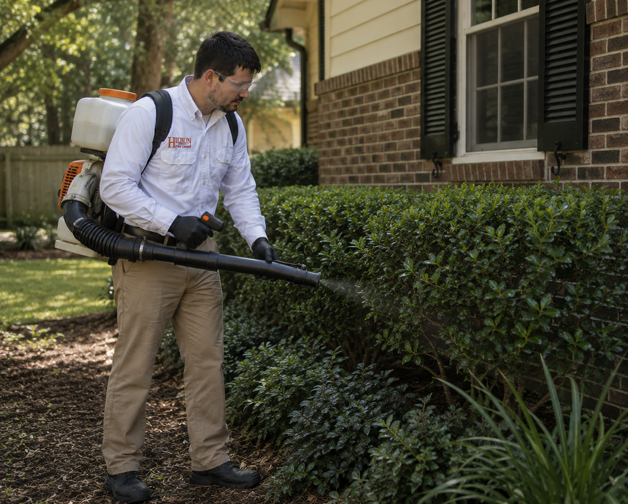 Mosquito Control in Baton Rouge, Louisiana Hilbun Pest Control technician treating shrubs around a Baton Rouge home for mosquito control.