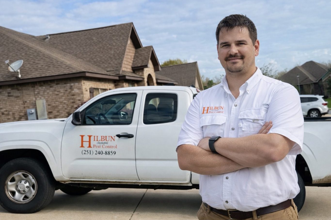 Hilbun Pest Control tech standing in Daphne home owns driveway getting ready to shove their pest issues
