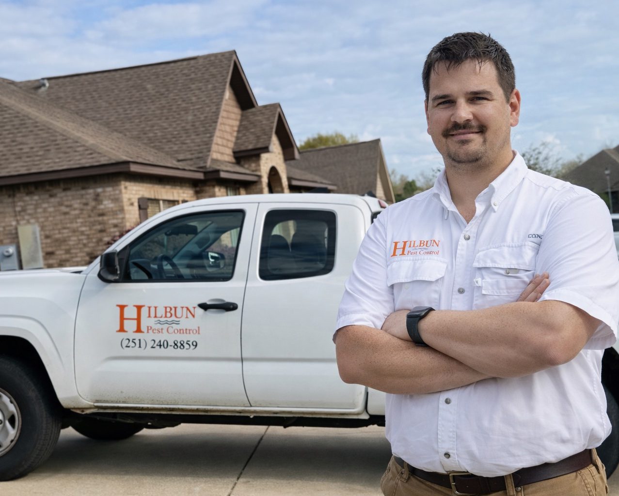Professional pest control you can trust—Hilbun Pest Control delivering reliable service with real technicians, real results, and local Gulf Coast expertise. Hilbun Pest Control technician standing confidently in uniform in front of a branded service truck outside a clean Gulf Coast home.