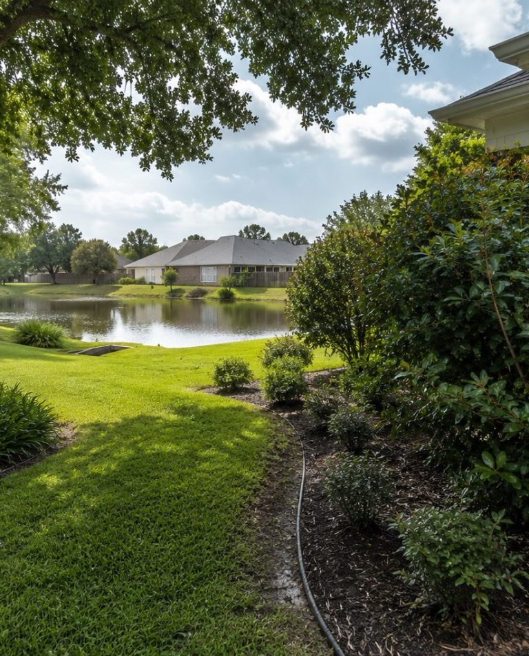 Why Mosquitoes Are So Common in Foley, Alabama Residential property in Foley, Alabama with shade trees, landscaping, and a retention pond that create favorable conditions for mosquitos