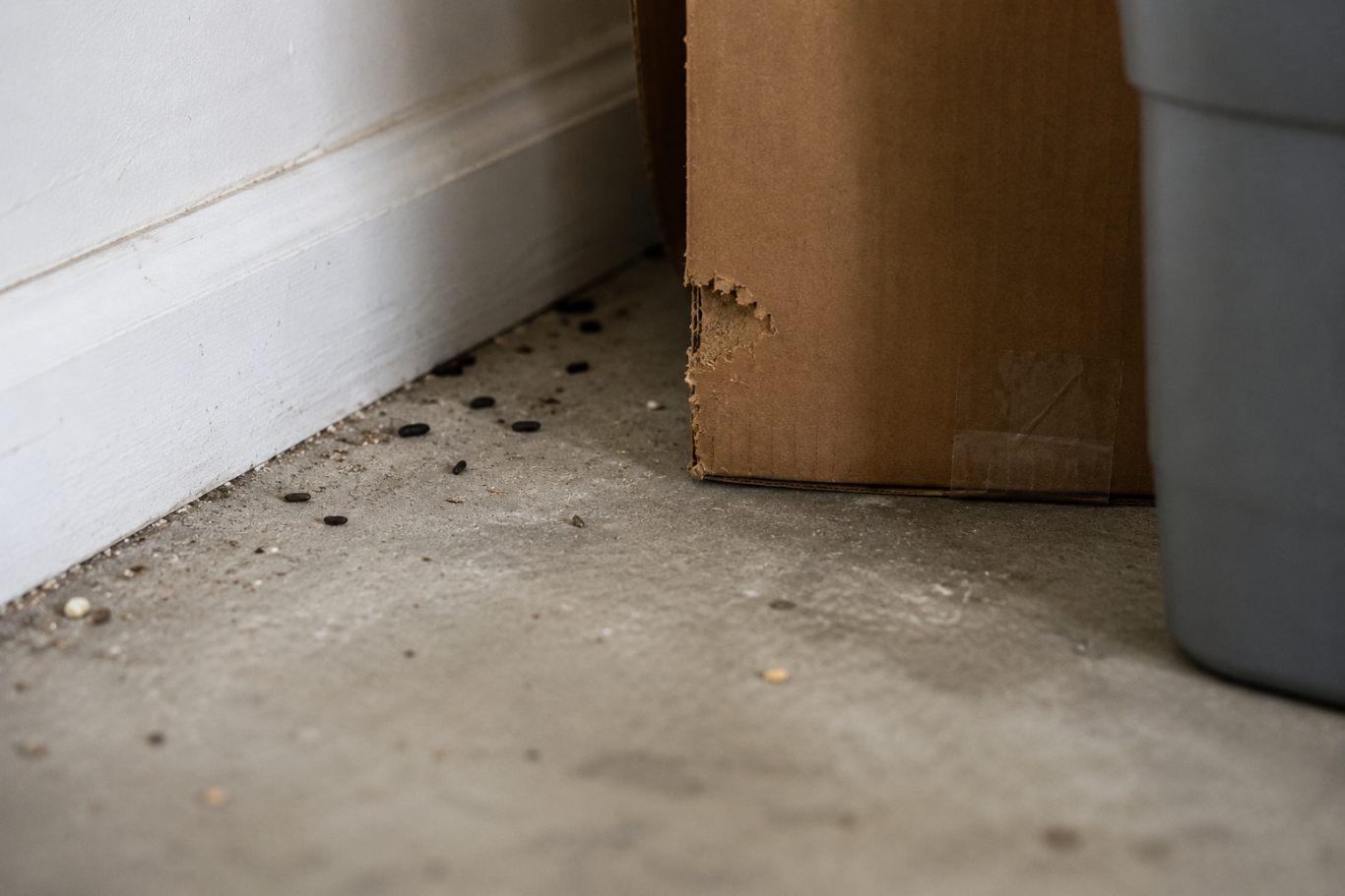 Signs of Rodent Activity in Baton Rouge Homes Rodent droppings and gnaw damage on a cardboard box along a garage wall in a Baton Rouge home.
