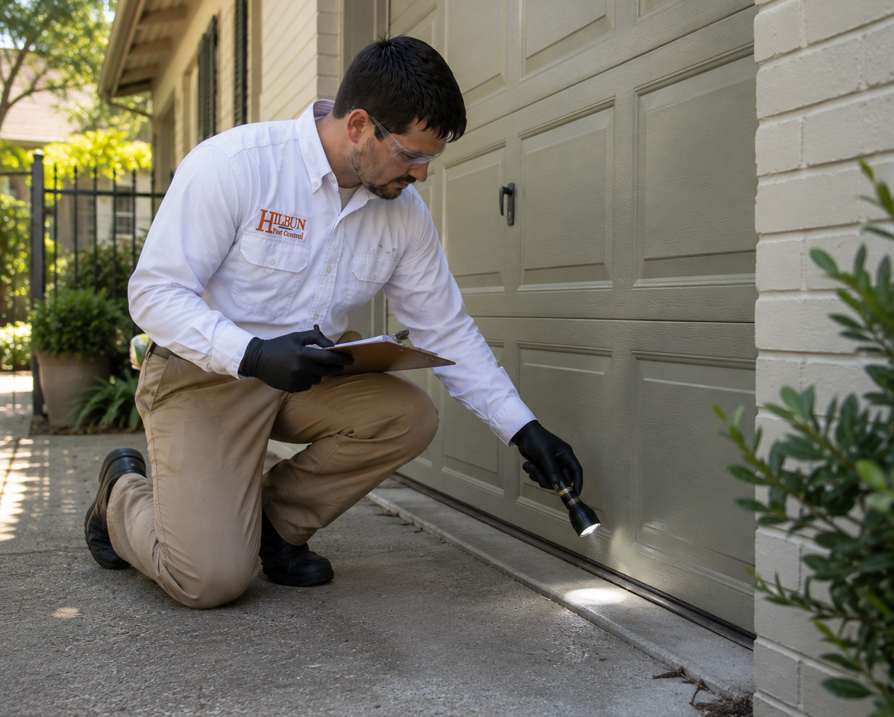 Pest Control in Denham Springs, Louisiana Hilbun Pest Control technician providing pest control service at a home in Denham Springs, Louisiana.