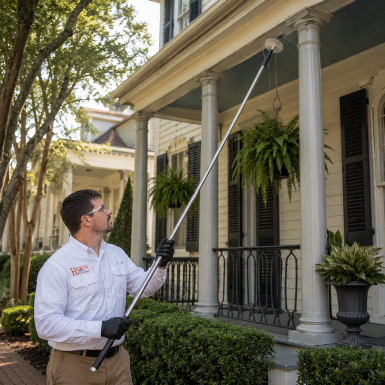 Pest Control Service in Baton Rouge, Louisiana Hilbun Pest Control technician removing spider webs from a Baton Rouge home during an exterior pest control service.