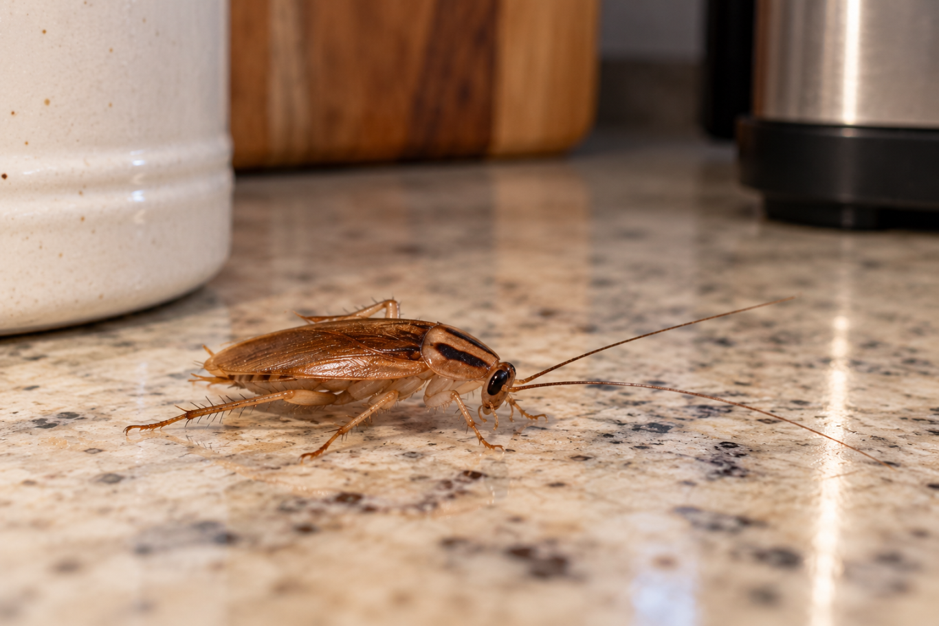 Close-up of a German cockroach on a kitchen countertop, showing its tan-brown body, long antennae, and distinctive dark markings.