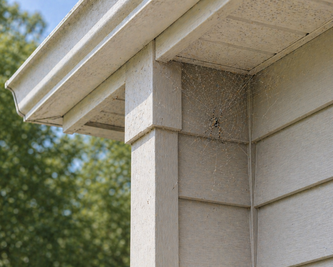Spider web with orb-weaver spider on the outside corner of a residential home in Daphne, Alabama, under the eaves with vinyl siding and soff