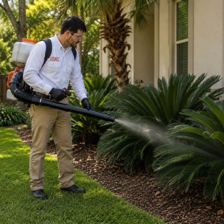 Residential Mosquito Treatment Hilbun Pest Control technician applying a mosquito treatment to landscaping around a home.