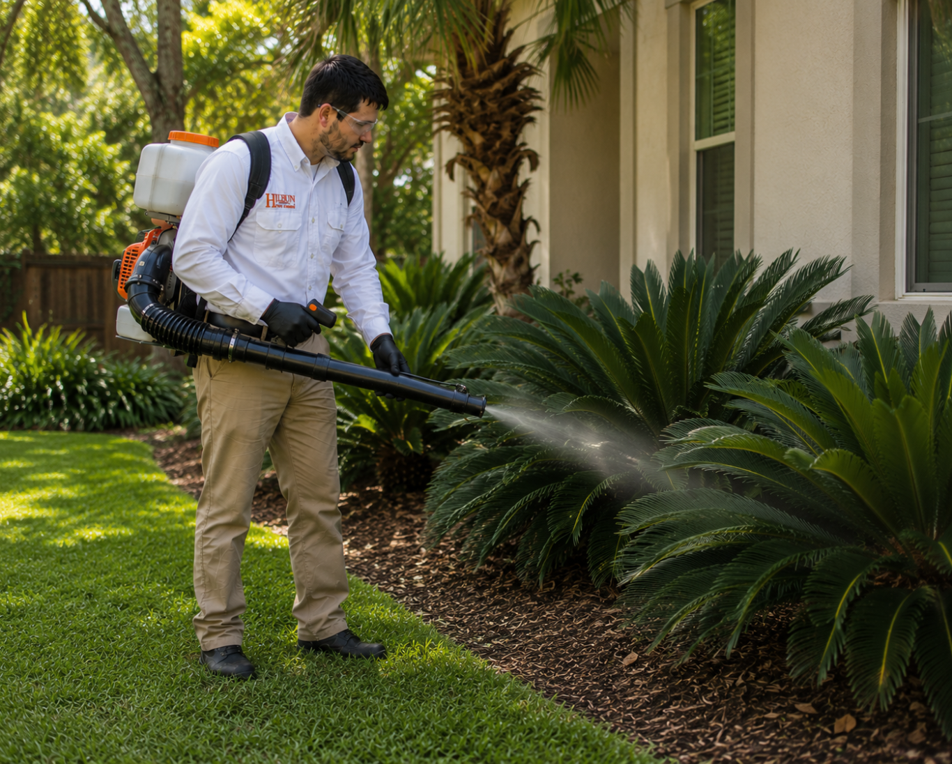 Hilbun Pest Control technician using a backpack fogger to treat shrubs and landscaping for mosquitoes around a home.
