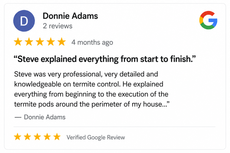 Donnie Adams Google Review | Hilbun Pest Control Google review highlighting termite protection expertise and communication