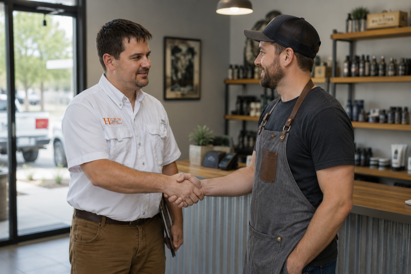 Commercial Pest Control Consultation in Daphne, AL Hilbun Pest Control owner meeting with a local business owner to discuss commercial pest control services in Daphne, Alabama.