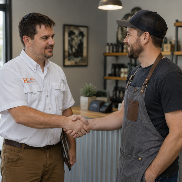 Hilbun Pest Control technician shaking hands with a business owner after completing a professional rodent control service.