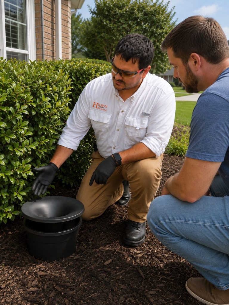 Explaining the In2Care Mosquito System | Hilbun Pest Control Hilbun Pest Control technician explaining the In2Care mosquito system to a homeowner in Bay Minette, Alabama.