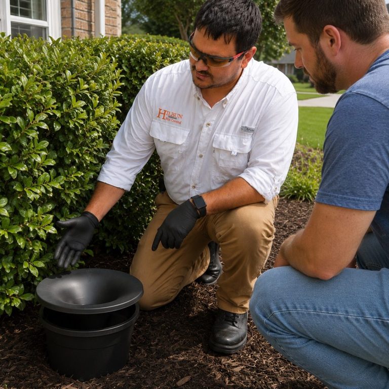 In2Care Mosquito System in Baton Rouge, Louisiana Hilbun Pest Control technician explaining an In2Care mosquito station to a homeowner in Baton Rouge, Louisiana.