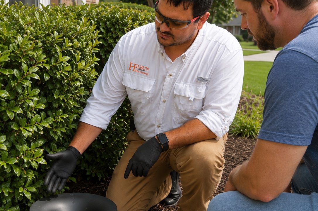 Customized Pest Protection Solutions in Fairhope, Alabama | Hilbun Pest Control Hilbun Pest Control tech explaining mosquito recommendations while demonstrating the In2Care Mosquito System to a home owner in Fairhope, AL