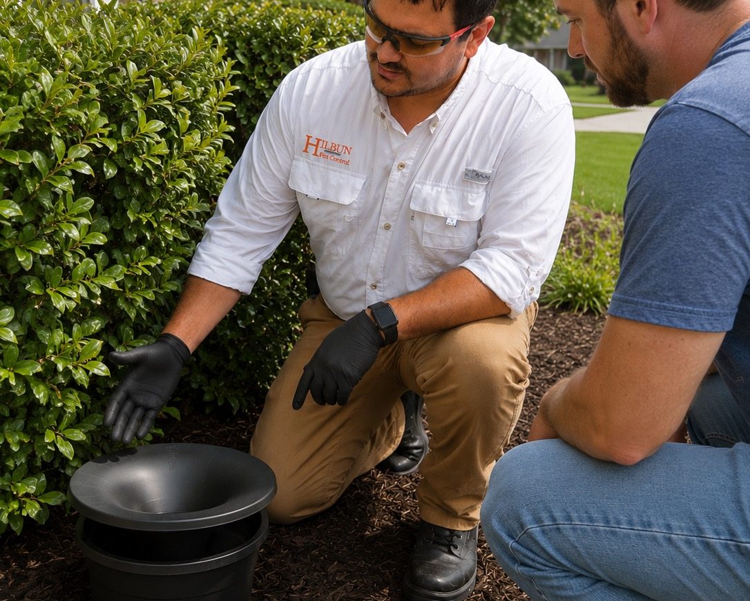 Professional Mosquito Control in Daphne, AL Hilbun Pest Control owner Steve Hilbun explaining the environmentally conscious In2Care Mosquito System to a homeowner in Daphne, Alabama.