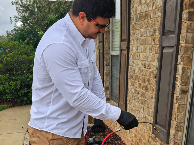 Residential Pest Control Service | Hilbun Pest Control Hilbun Pest Control technician performing an exterior perimeter pest treatment around a residential property.