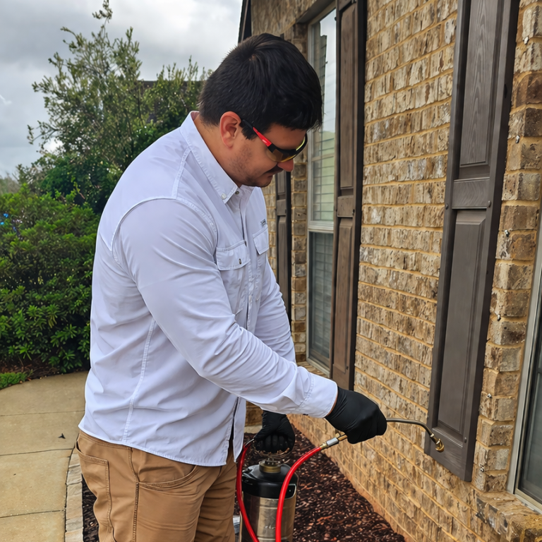 Stopping Spiders at the Source: Targeted Window & Entry Point Treatment Hilbun Pest Control technician treating window entry point on brick home for spider control in Baldwin County