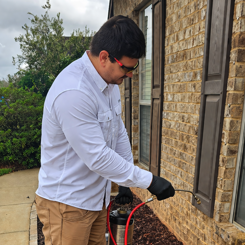 Stopping Spiders at the Source: Targeted Window & Entry Point Treatment Hilbun Pest Control technician treating window entry point on brick home for spider control in Baldwin County