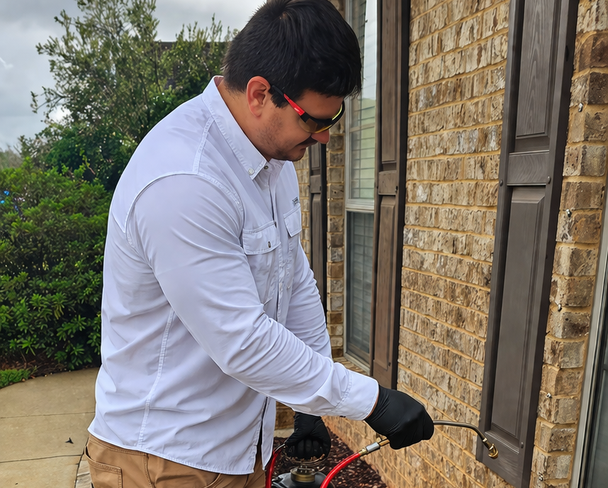 Hilbun Pest Control technician performing exterior pest control spray around home in Fairhope, targeting ants, spiders, and roaches