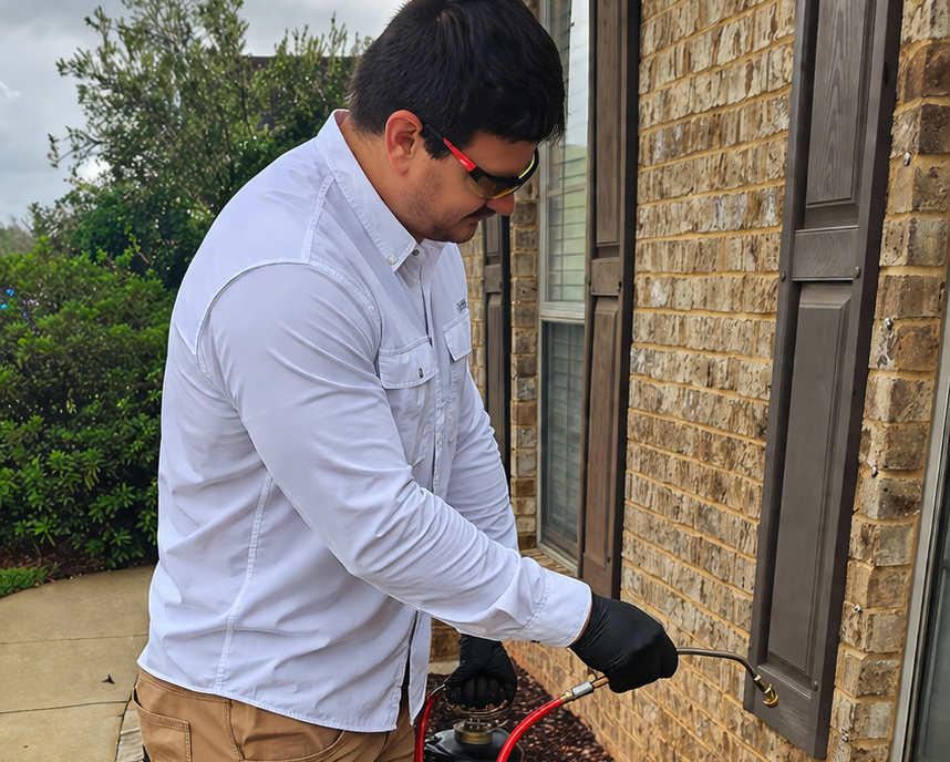 Hilbun Pest Control Exterior Pest Treatment Hilbun Pest Control technician treating the exterior of a home to help protect against ants, spiders, and other common pests.