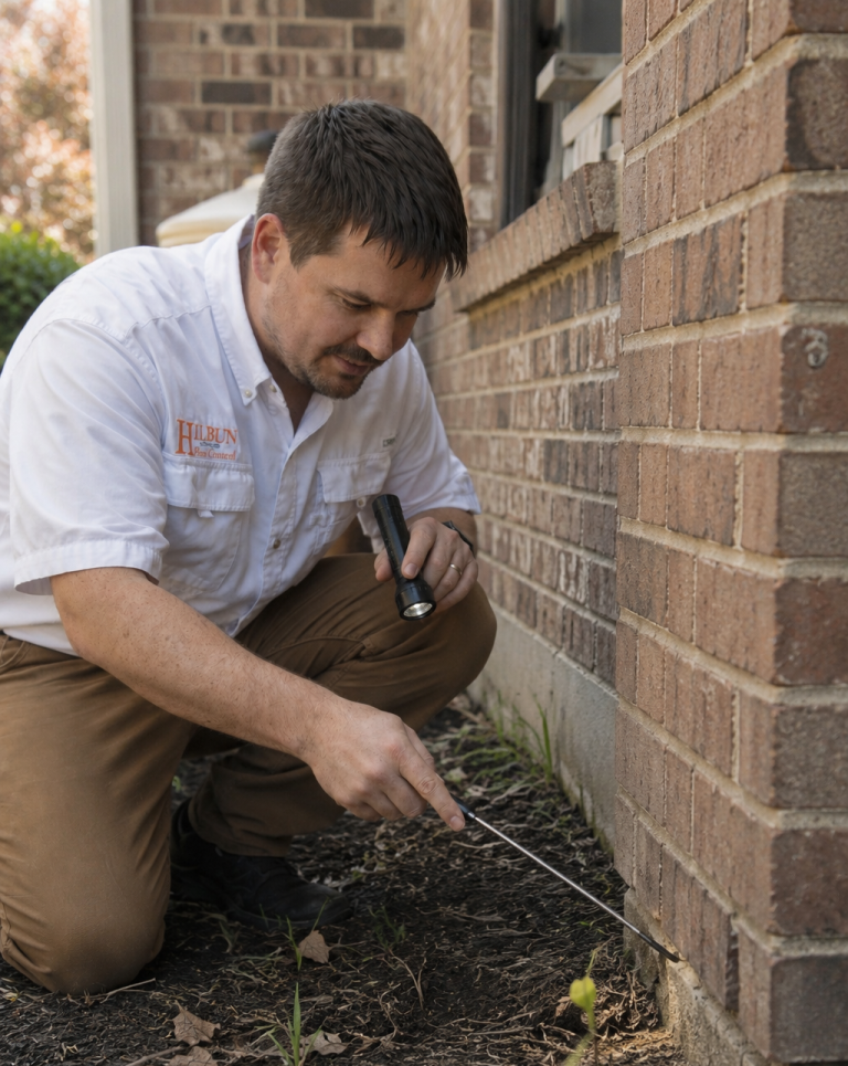 Professional Termite Inspection in Daphne, AL Hilbun Pest Control technician performing an exterior termite inspection around the foundation of a home in Daphne, Alabama.