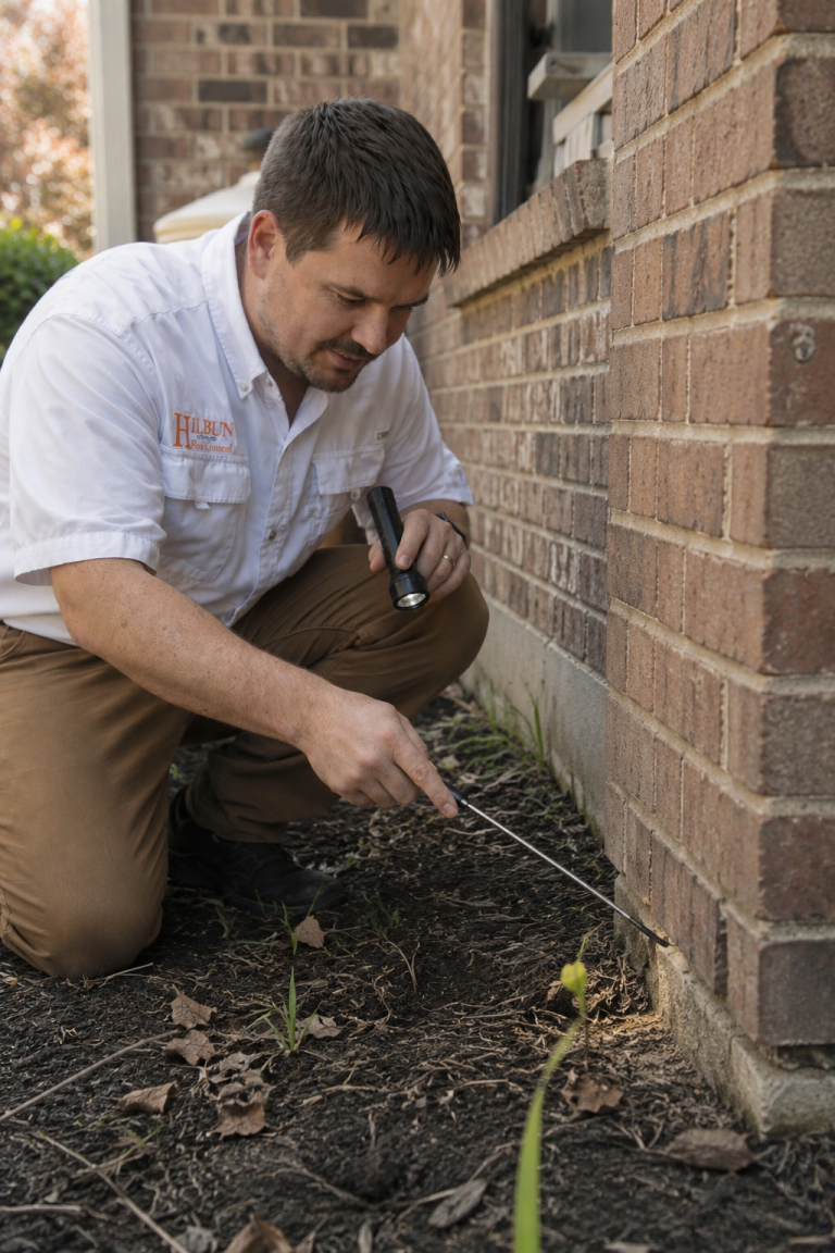 Hilbun Pest Control technician inspecting a home's foundation for signs of termite activity.