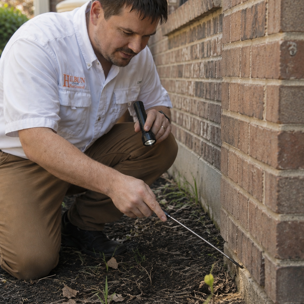 Hilbun Pest Control technician inspecting a home's foundation for signs of termite activity.