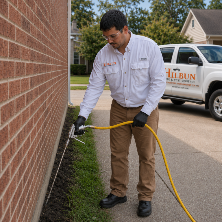 Hilbun Pest Control technician applying a liquid termite treatment around a home's foundation.