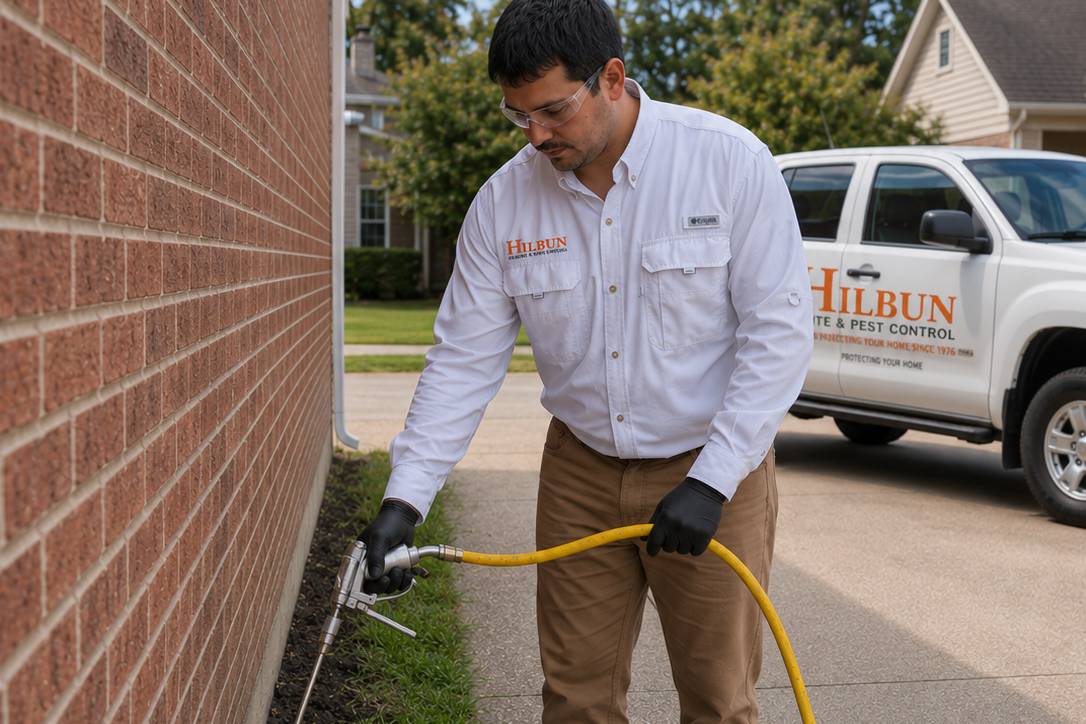Liquid Termite Treatment in Daphne, AL Hilbun Pest Control technician applying a liquid termite treatment around a trenched home foundation in Daphne, Alabama.