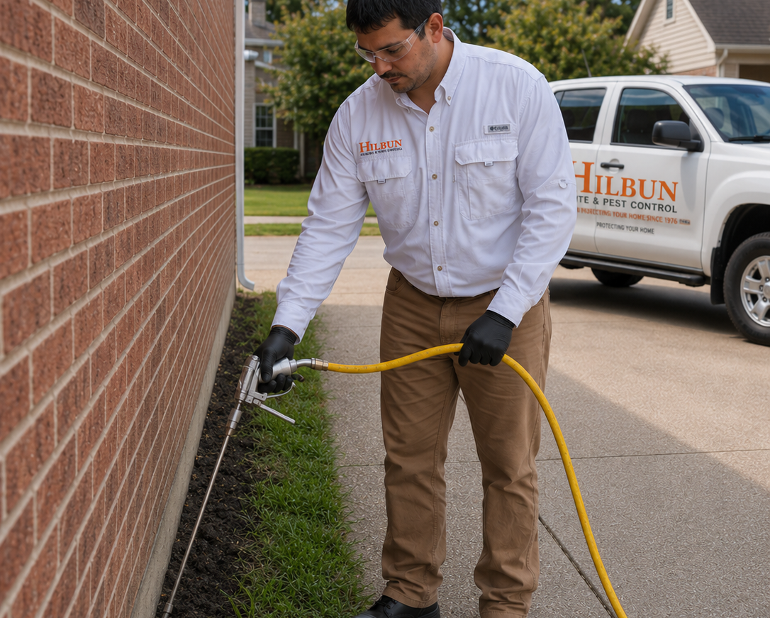 Professional Liquid Termite Treatment Along Slab Foundation | Hilbun Pest Control Hilbun Pest Control technician applying liquid termite treatment along a brick slab foundation using a Pro-Pest JD-9 spray gun connected to