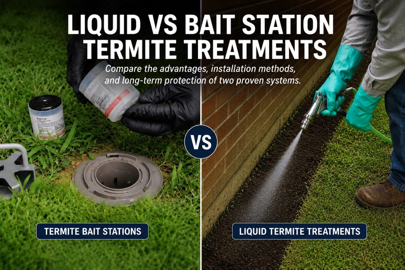 Comparing Liquid Termite Treatments and Bait Stations Comparison of termite bait station installation and liquid termite treatment around a home's foundation.