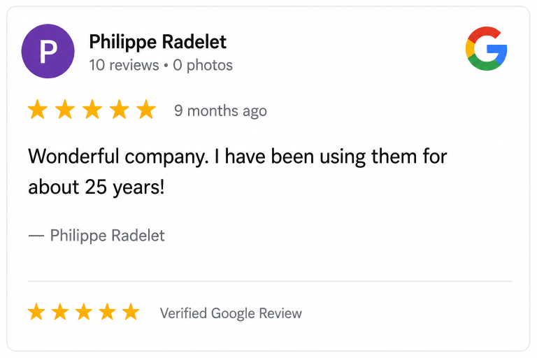 Philippe Radelet Google Review – Hilbun Pest Control Five-star Google review from a customer who has used Hilbun Pest Control for approximately 25 years.