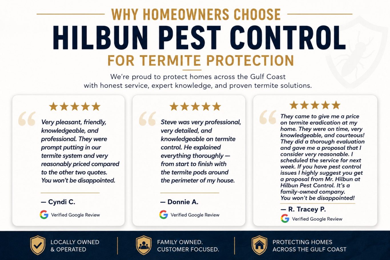 Why Homeowners Choose Hilbun Pest Control for Termite Protection Customer termite protection reviews for Hilbun Pest Control featuring verified Google testimonials from Gulf Coast homeowners.