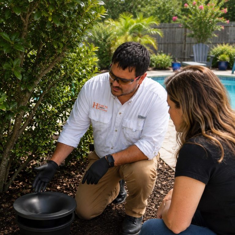 Mosquito Control in Gonzales, Louisiana Hilbun Pest Control technician explaining an In2Care mosquito station to a homeowner near an outdoor living area.