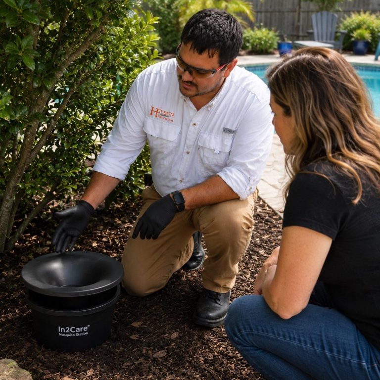 In2Care® Mosquito System in Fairhope, Alabama | Hilbun Pest Control Hilbun Pest Control technician explaining the In2Care® Mosquito System to a homeowner during a mosquito control consultation in Fairhope, Al