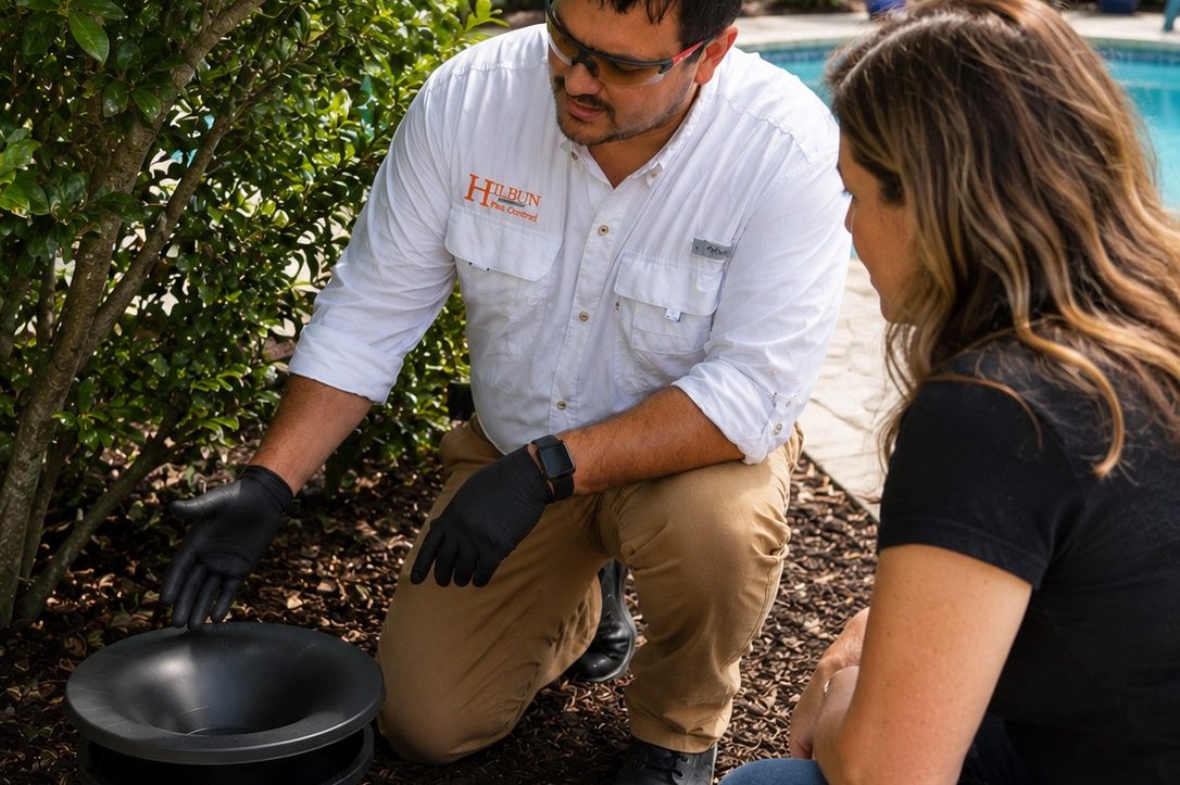 Explaining the In2Care Mosquito System to a Homeowner Hilbun Pest Control technician demonstrating an In2Care Mosquito Station to a homeowner beside a landscaped pool area in Daphne, Alabama.